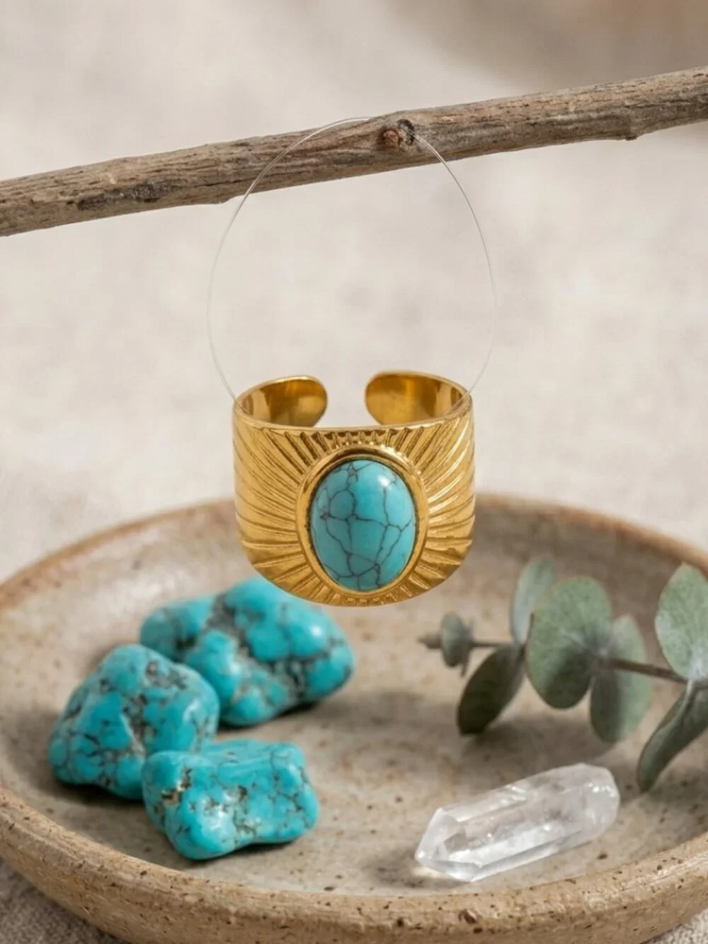 Turquoise Sunburst Wide Band Adjustable Ring 14K Gold Plated Boho Western 7-9